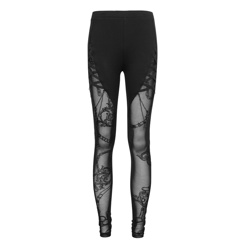 Gothic patterned semi-transparent leggings with cross pendants, stylish black skinny pants for women.