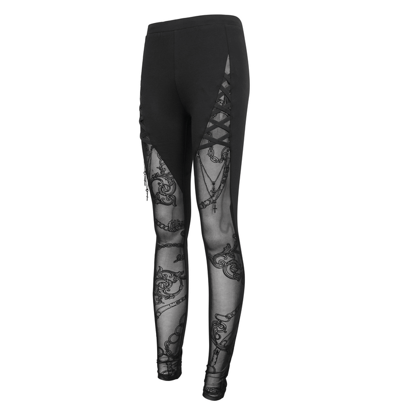 Gothic Patterned Semi-Transparent Leggings with Cross Pendants / Female Sexy Black Skinny Pants