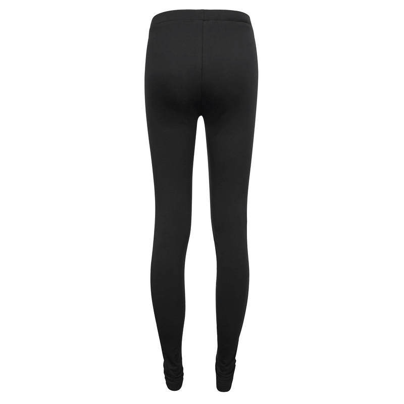 Back view of women's gothic patterned semi-transparent leggings featuring cross pendants, in stylish black.