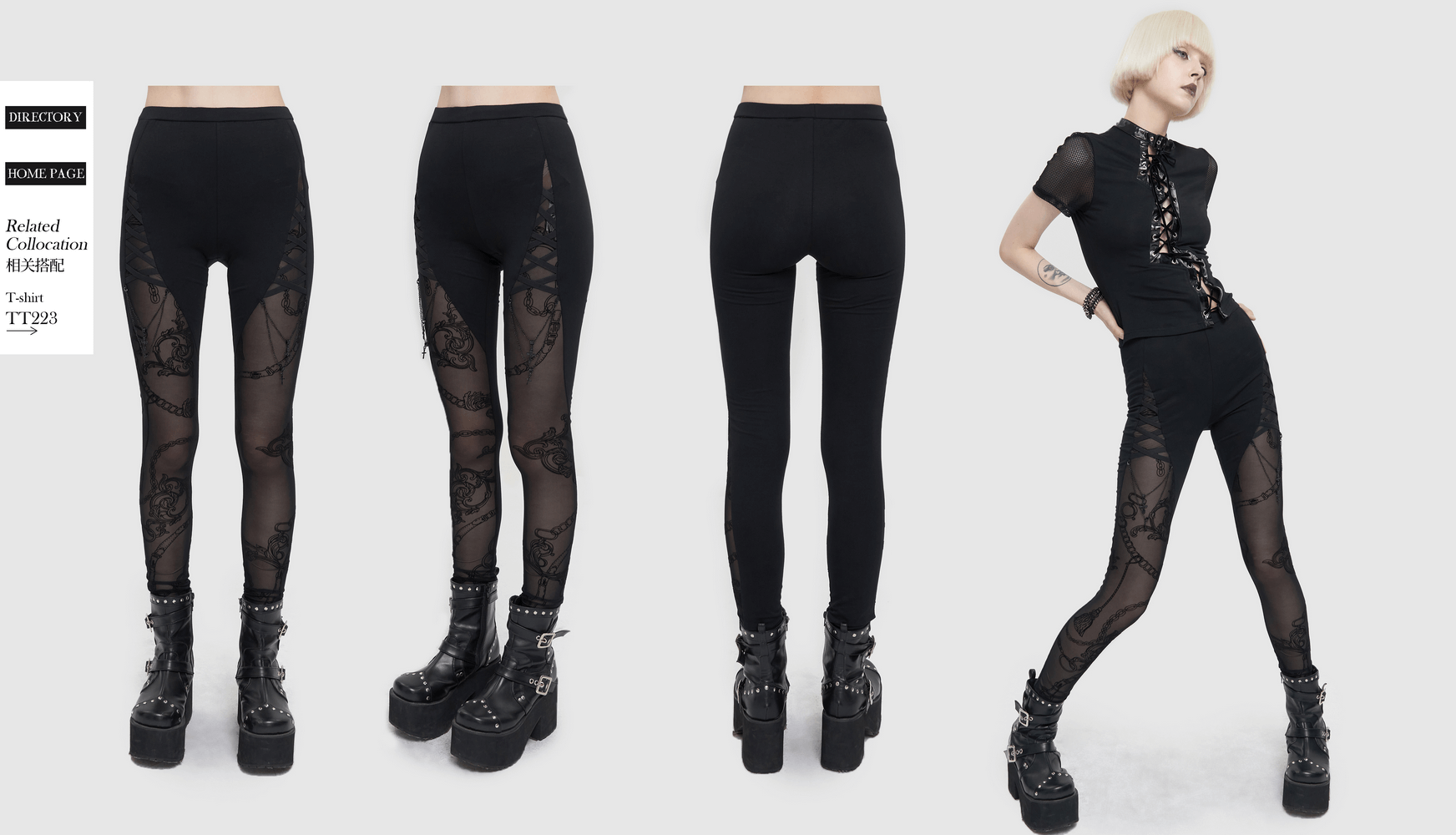 Gothic Patterned Semi-Transparent Leggings with Cross Pendants / Female Sexy Black Skinny Pants