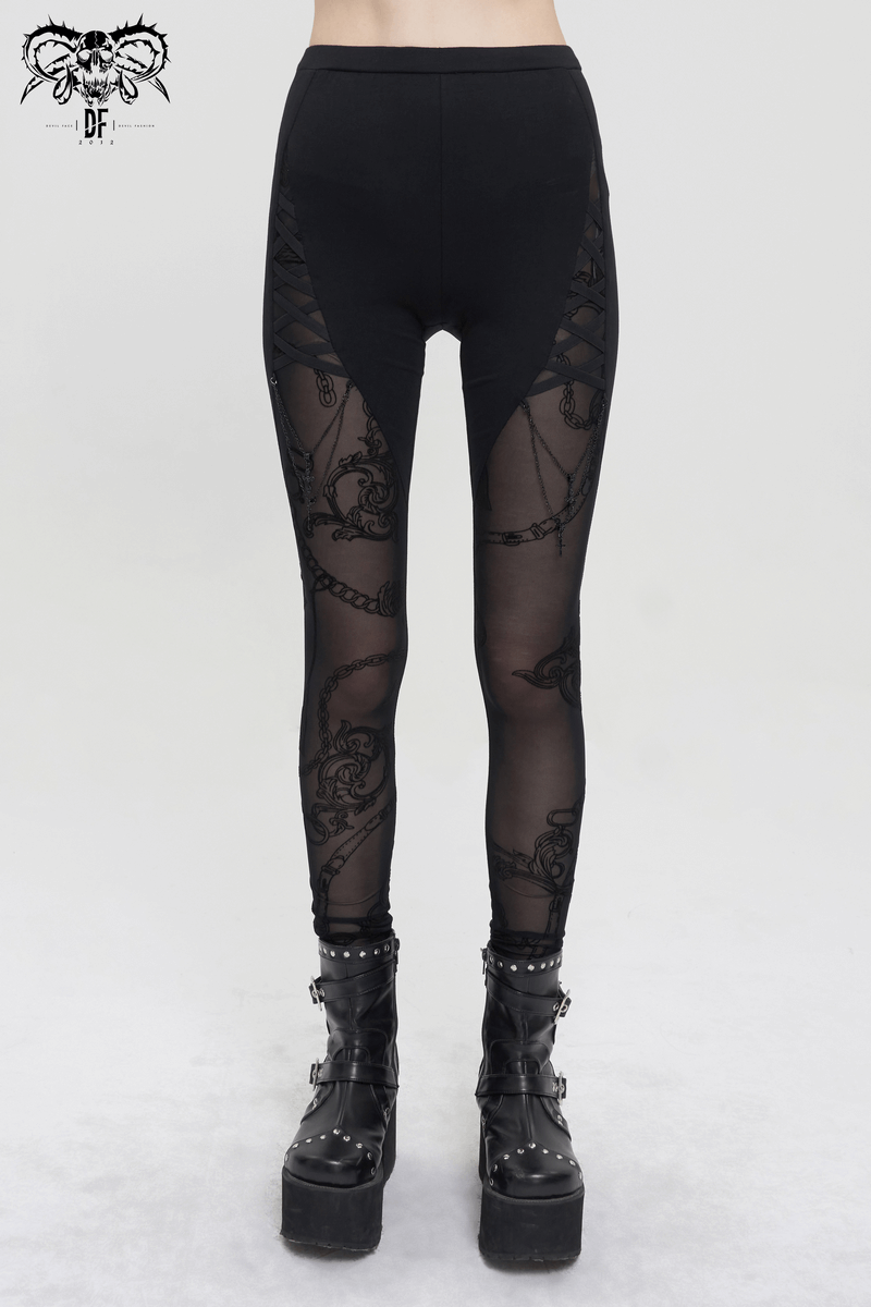 Gothic Patterned Semi-Transparent Leggings with Cross Pendants / Female Sexy Black Skinny Pants