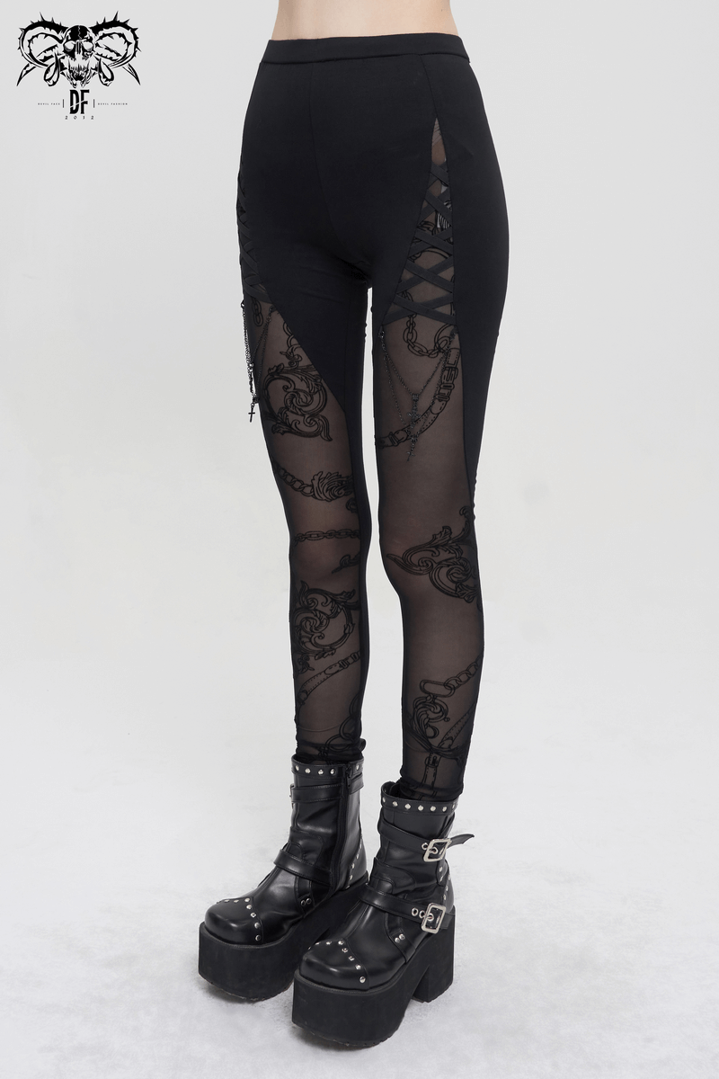 Gothic Patterned Semi-Transparent Leggings with Cross Pendants / Female Sexy Black Skinny Pants