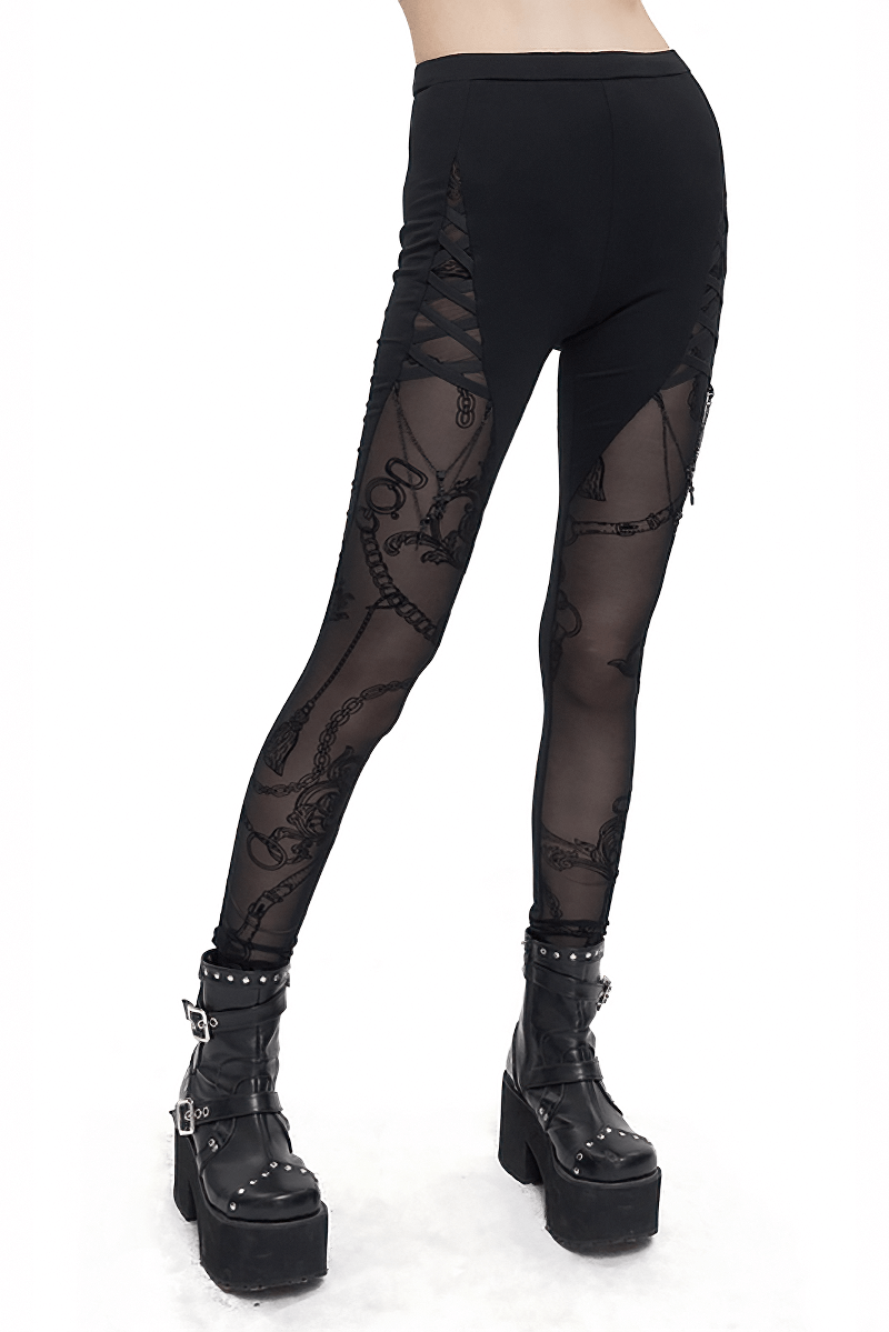 Gothic patterned semi-transparent leggings with cross pendants, stylish black skinny pants for women.