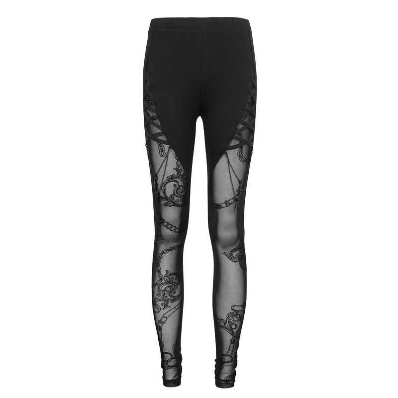 Gothic Patterned Semi-Transparent Leggins with Cross Pendants / Female Sexy Black Skinny Pants