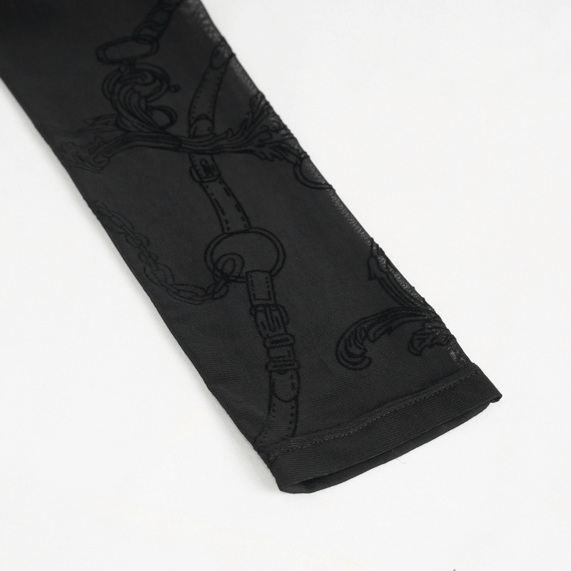 Gothic Patterned Semi-Transparent Leggins with Cross Pendants / Female Sexy Black Skinny Pants