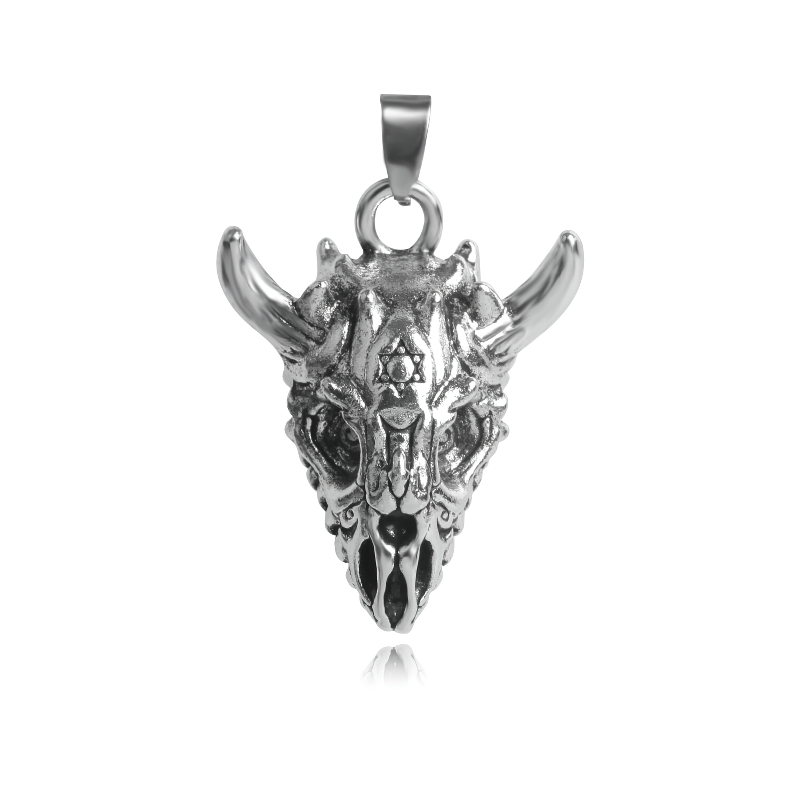 Gothic silver pendant shaped like a sheep skull, detailed with horns and a Tantrism Star of David design.