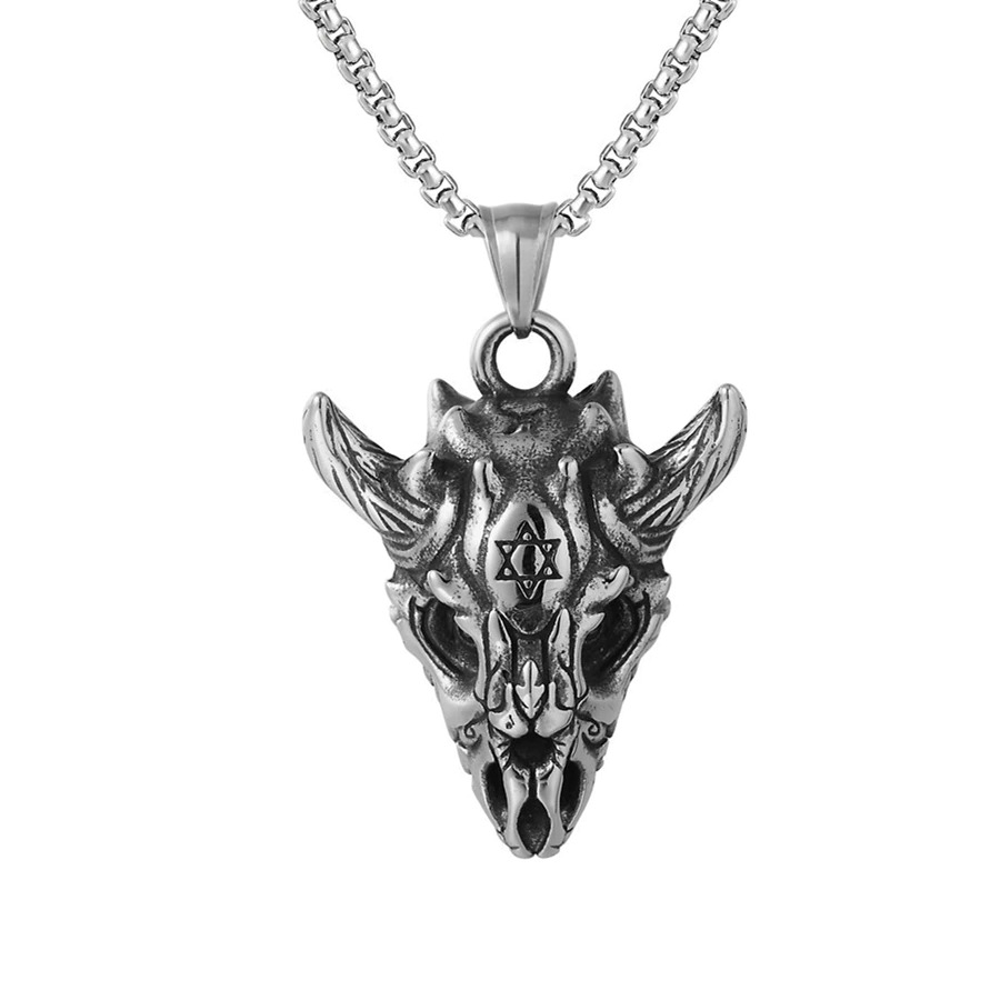 Gothic sheep skull pendant with Star of David, punk stainless steel biker jewelry, detailed and stylish accessory.