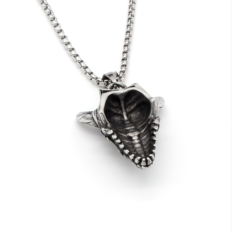 Gothic sheep skull pendant in stainless steel on a chain, perfect for punk jewelry enthusiasts.