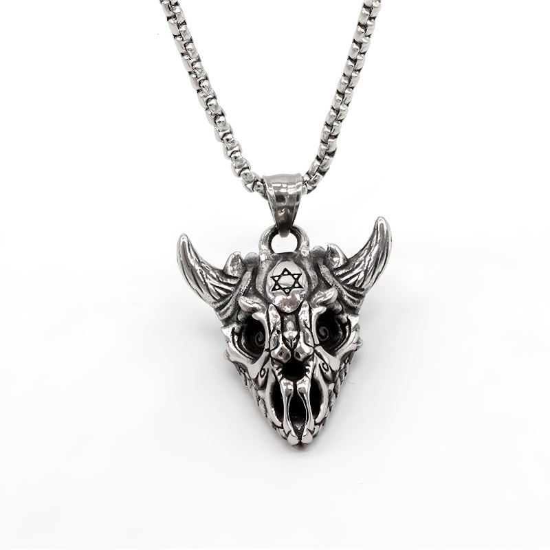 Gothic sheep skull pendant with Star of David detail, crafted in stainless steel, perfect for punk biker fashion.