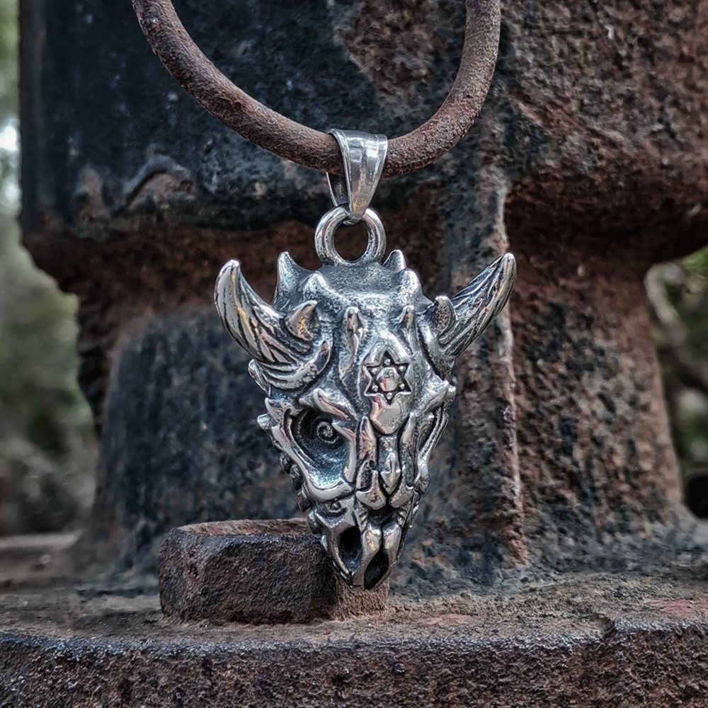 Gothic sheep skull pendant, detailed silver jewelry with Tantrism Star of David, perfect for punk style enthusiasts.