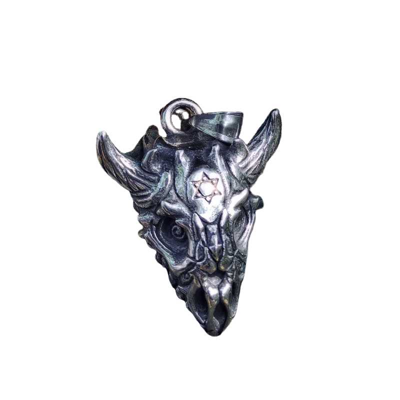 Gothic sheep skull pendant with detailed design and star of David, perfect for punk stainless steel biker jewelry.
