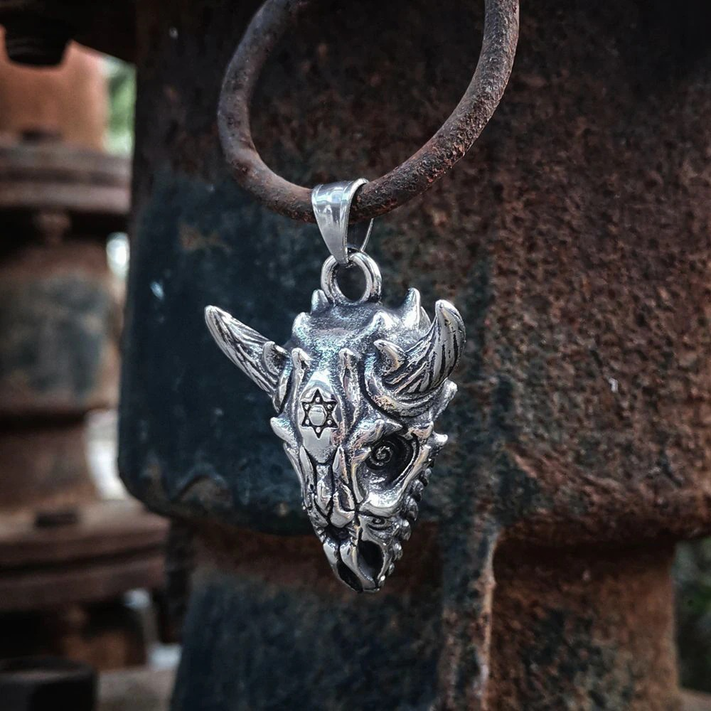 Gothic sheep skull pendant with detailed design and Tantrism Star of David in punk stainless steel, perfect for biker jewelry.