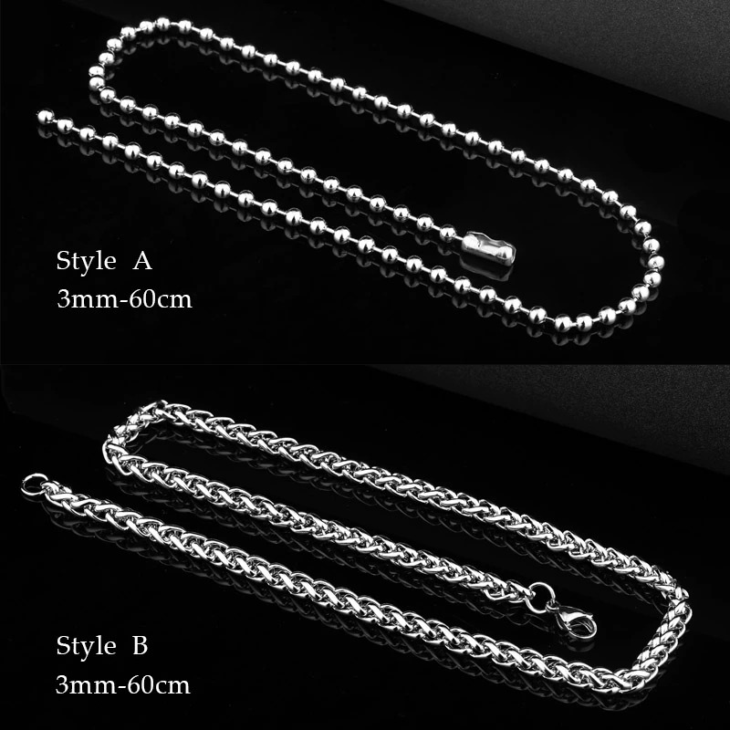 Two styles of silver chains: Style A with beads and Style B with a braided design, lengths range from 3mm to 60cm.