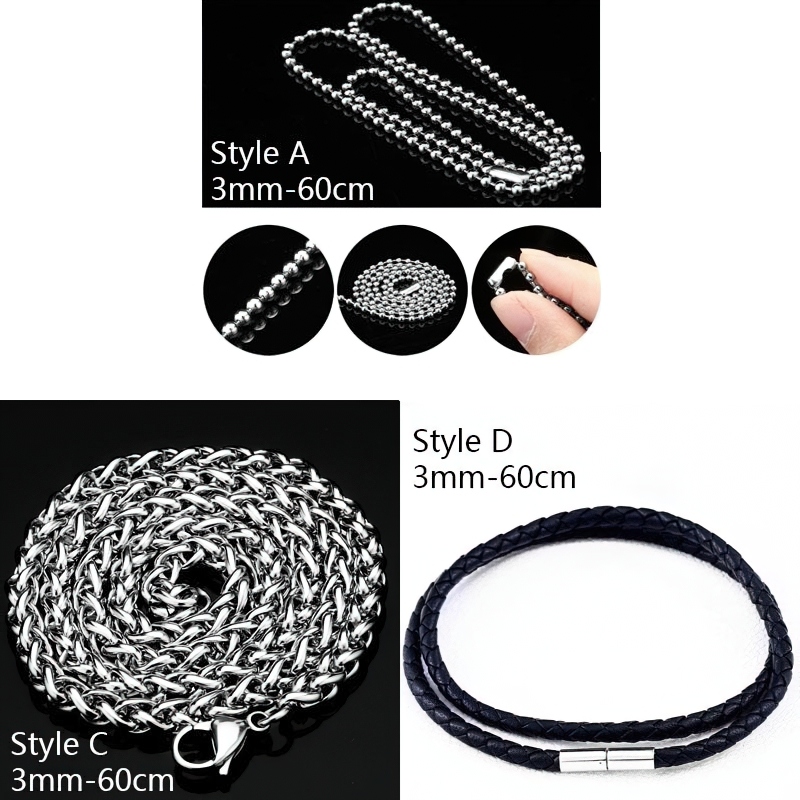 Various styles of unisex necklaces: Style A (silver chain), Style C (metal link), Style D (black braided) for gothic fashion.