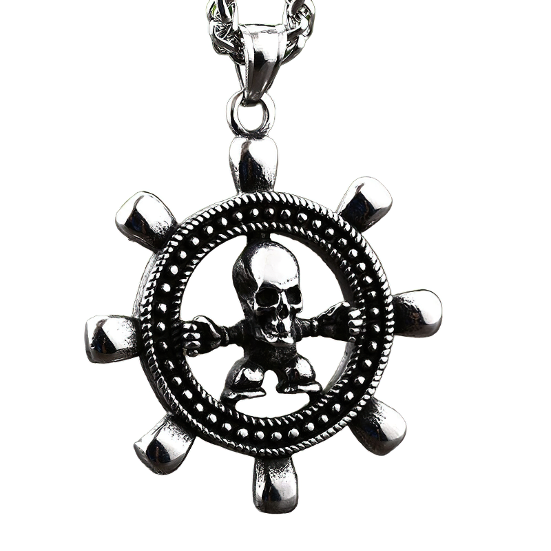 Gothic stainless steel pendant of ship wheel with skull inside, trendy unisex Viking compass necklace.