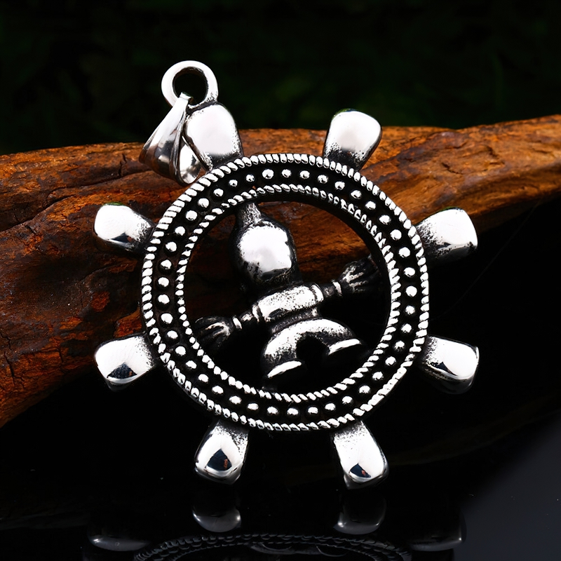 Gothic ship wheel pendant with skull design, unisex stainless steel necklace, trendy Viking compass jewelry.