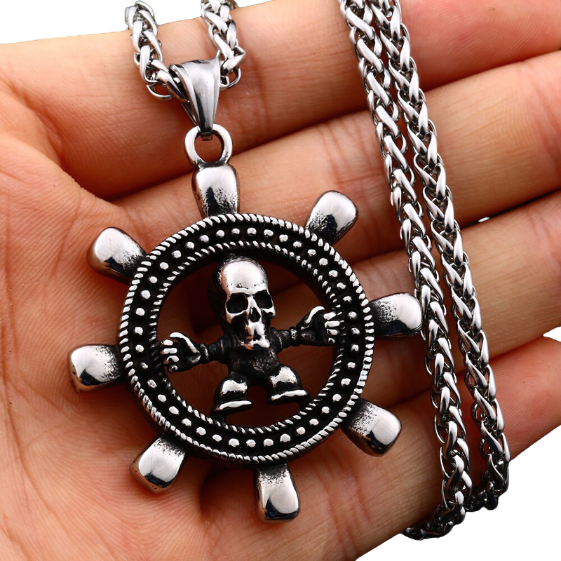 Gothic unisex stainless steel ship wheel pendant with skull, trendy Viking compass jewelry.