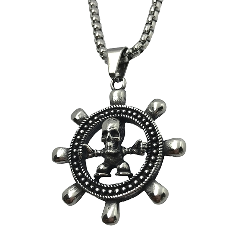 Gothic Pendant Of Ship Wheel With Skull Inside / Unisex Necklace Of Viking Compass Jewelry - HARD'N'HEAVY