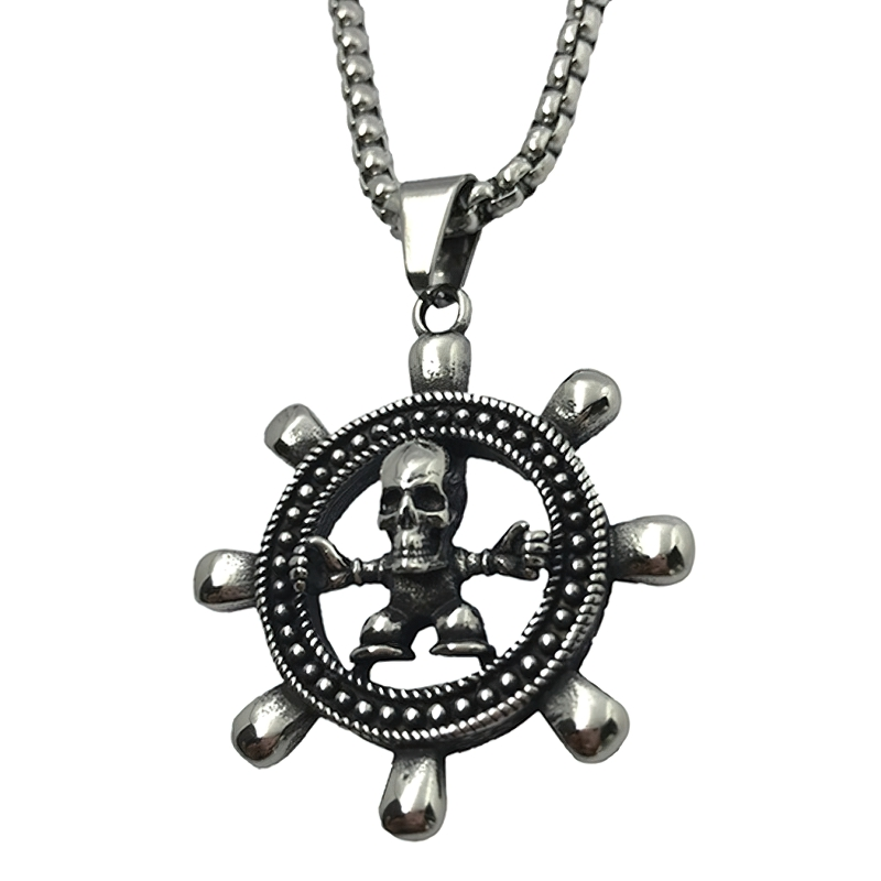 Gothic unisex necklace featuring stainless steel ship wheel pendant with skull, perfect for a trendy accessory.