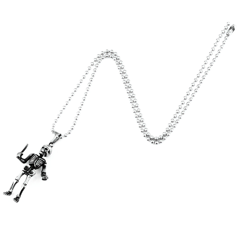 Gothic unisex stainless steel skeleton pendant and chain for alternative fashion style.