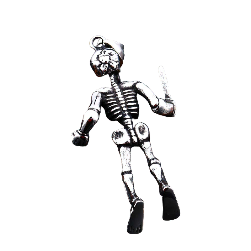 Gothic stainless steel skeleton pendant with a knife, perfect for unisex alternative fashion jewelry.