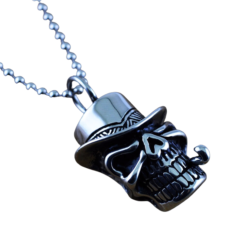 Stylish unisex stainless steel skull pendant with a hat, perfect for gothic fashion jewelry enthusiasts.