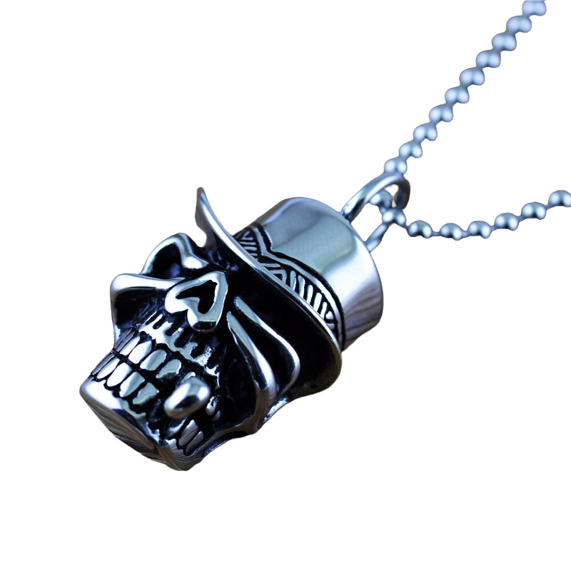 Rock style stainless steel skull pendant with hat, perfect for unisex gothic fashion jewelry.