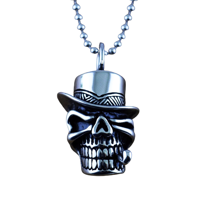 Stylish unisex stainless steel skull pendant with a hat, perfect gothic fashion jewelry for all styles.