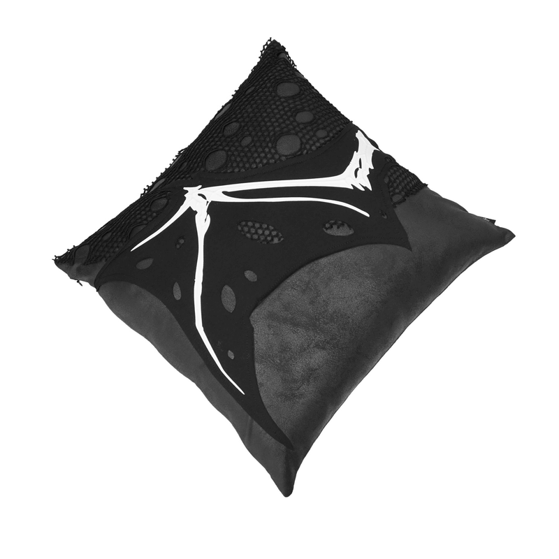 Gothic Pillow with Wing Bone Print / Comfortable Filled Cushion with Mesh Detail - HARD'N'HEAVY