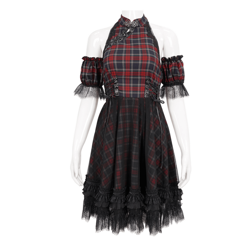 Gothic Plaid Dress with Ruffled Lace Hemline / Female Short Dresses with Detachable Sleeves Gothic Plaid Dress with Ruffled Lace Hemline / Female Short Dresses with Detachable Sleeves