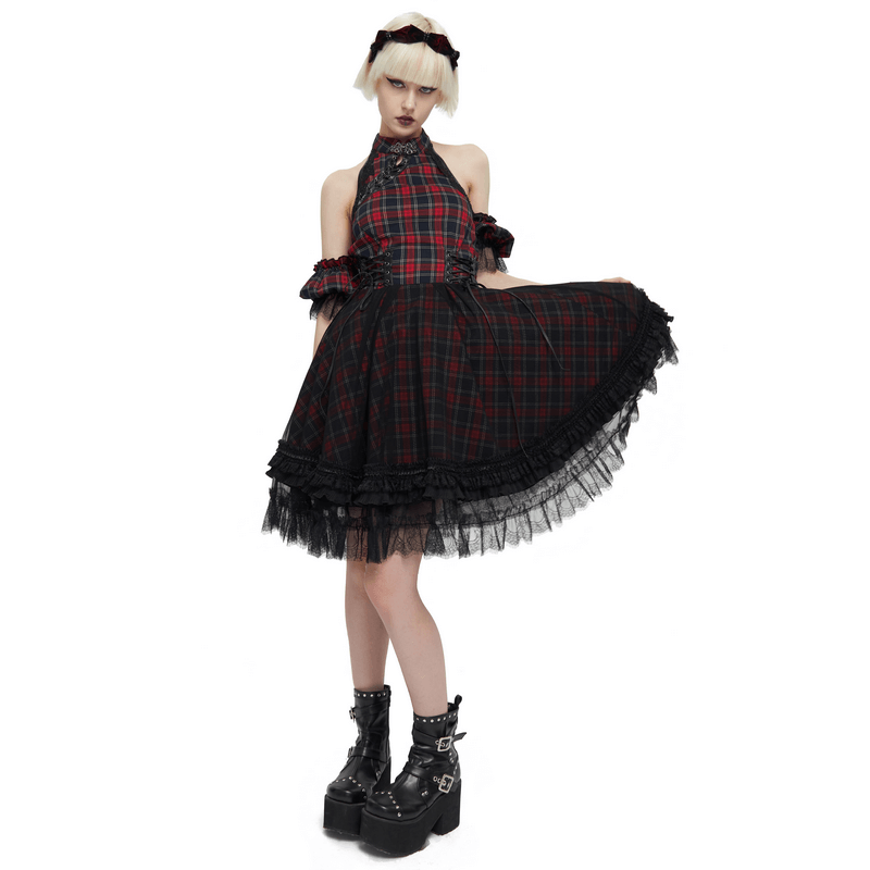 Dramatic Gothic plaid dress with ruffled lace hemline, showcasing a modern cut and detachable sleeves.