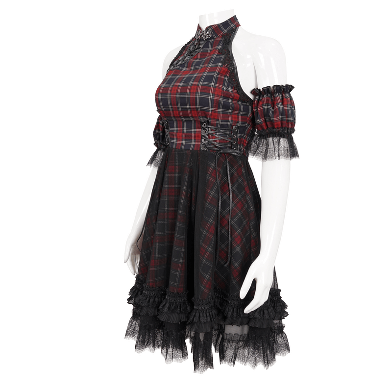 Gothic Plaid Dress with Ruffled Lace Hemline / Female Short Dresses with Detachable Sleeves