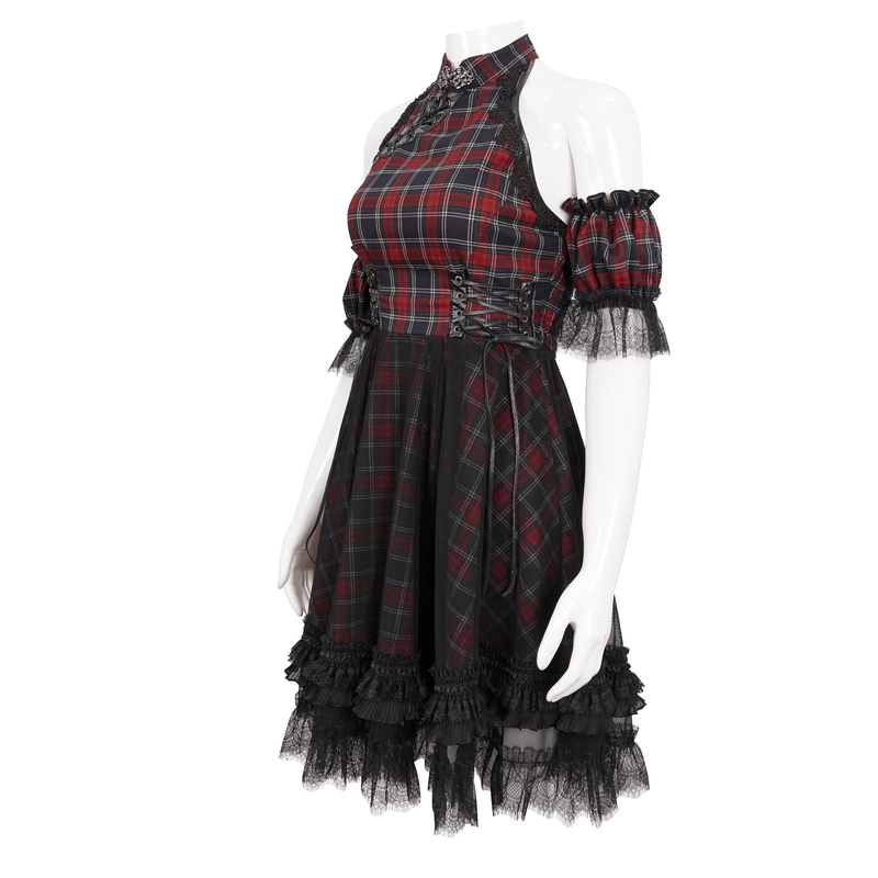 Gothic plaid dress with ruffled lace hemline and detachable sleeves, perfect for a stylish look.