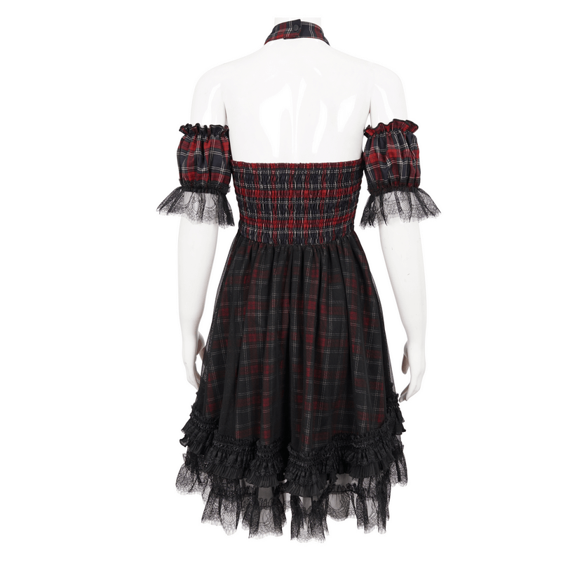 Gothic Plaid Dress with Ruffled Lace Hemline / Female Short Dresses with Detachable Sleeves