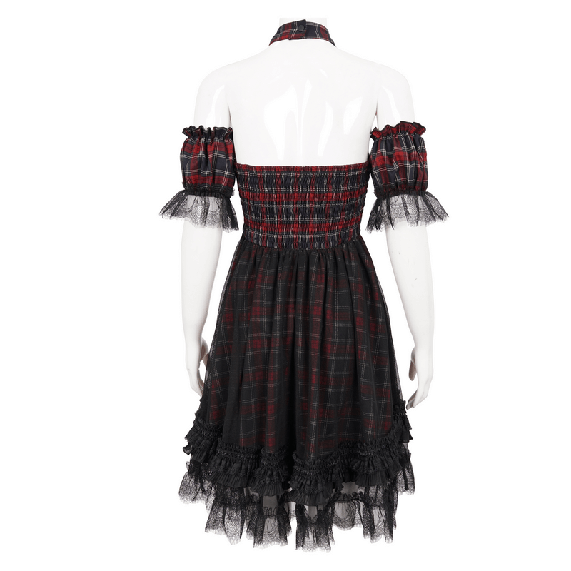Back view of a gothic plaid dress with ruffled lace hemline and detachable sleeves, perfect for stylish women.