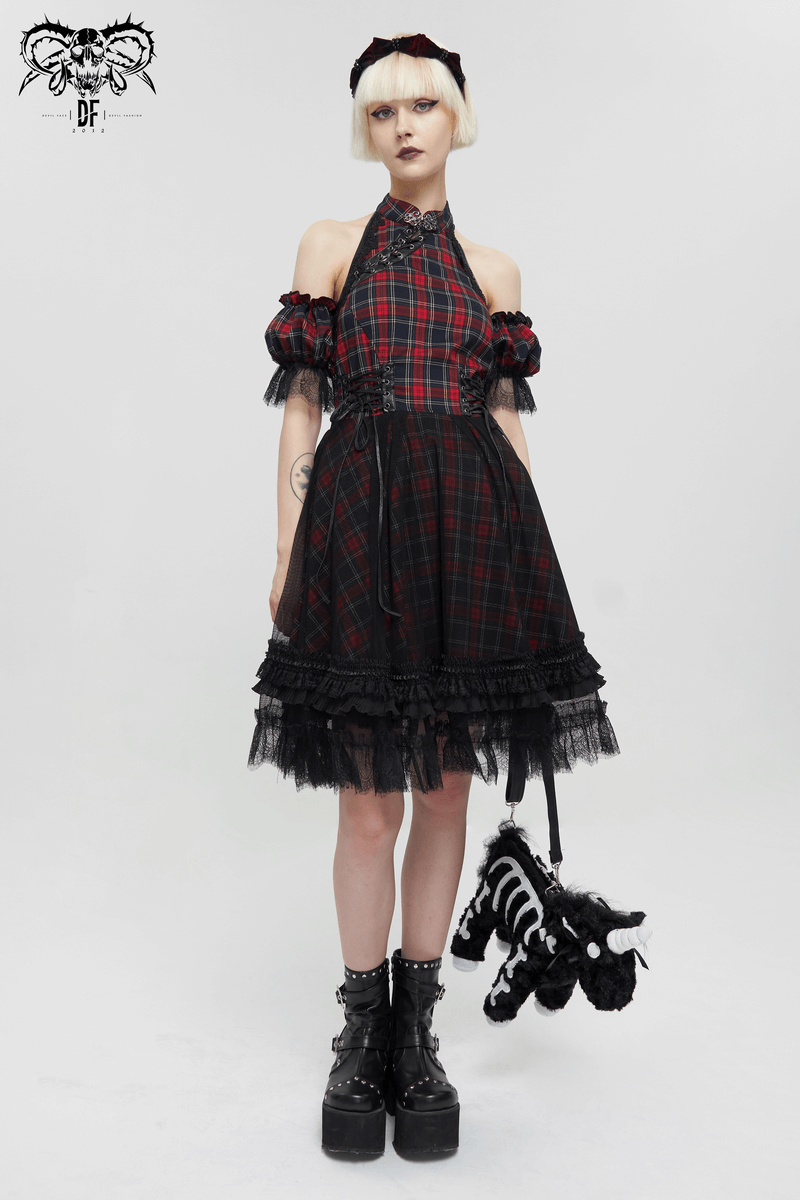 Gothic plaid dress with ruffled lace hemline, featuring detachable sleeves, perfect for stylish women.