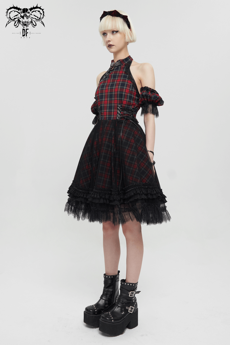 Gothic plaid dress with ruffled lace hemline and detachable sleeves, perfect for edgy fashion lovers.