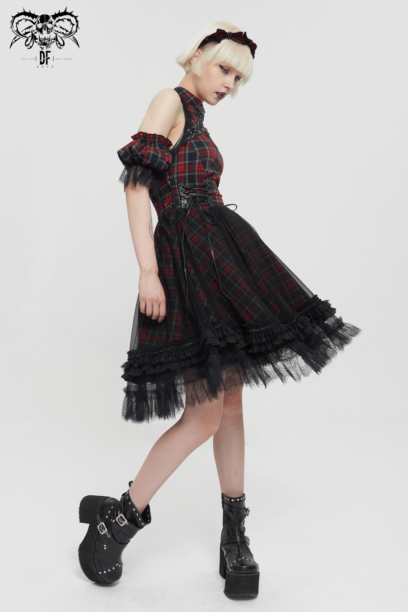 Gothic plaid dress with ruffled lace hemline and detachable sleeves, perfect for a unique, stylish look.