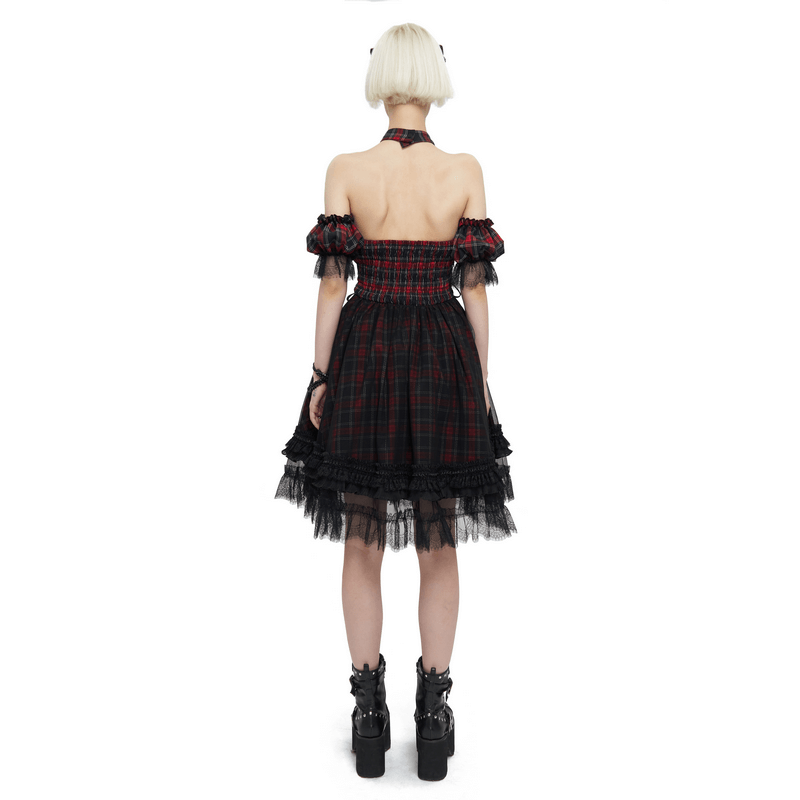 Stylish back view of a Gothic plaid dress with ruffled lace hemline and detachable sleeves, perfect for elegant gothic fashion.