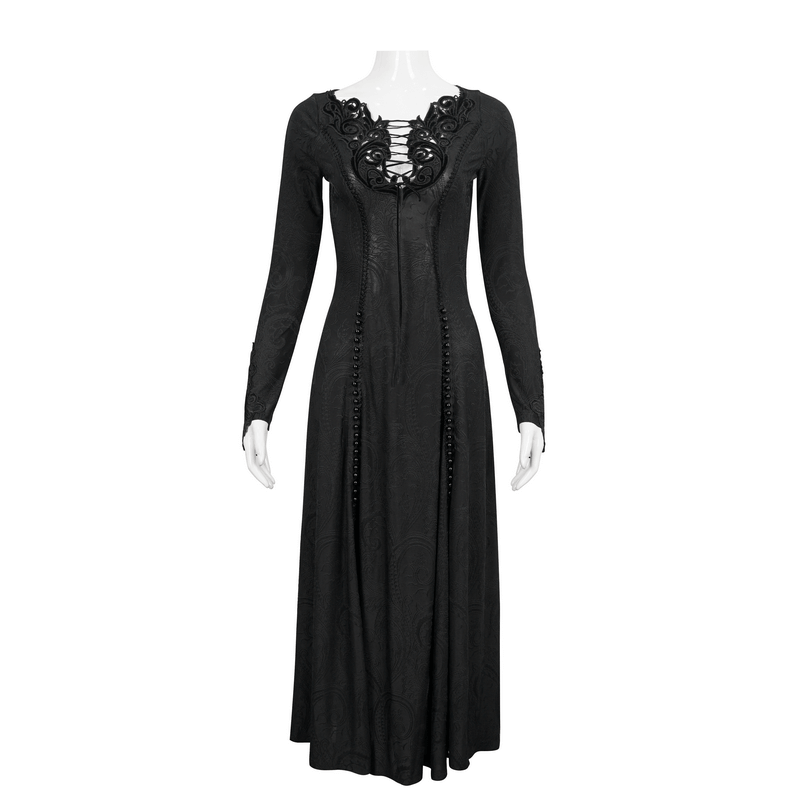 Gothic Plunging Floral Embroidered Dress / Fashion Black Women's Long Slit Dress