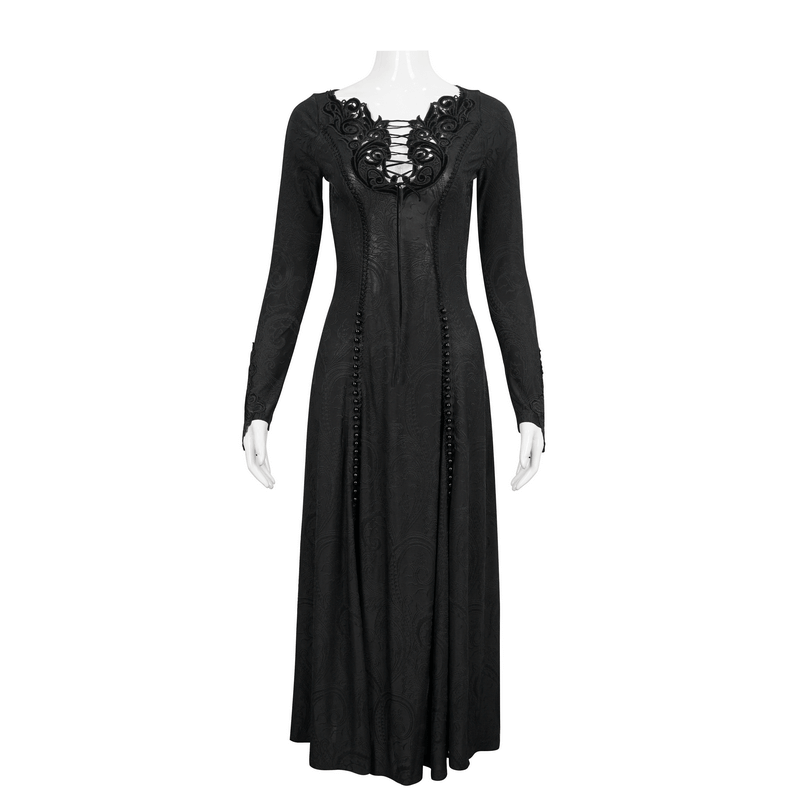 Gothic black floral embroidered long dress with plunging neckline and slit, perfect for stylish women.