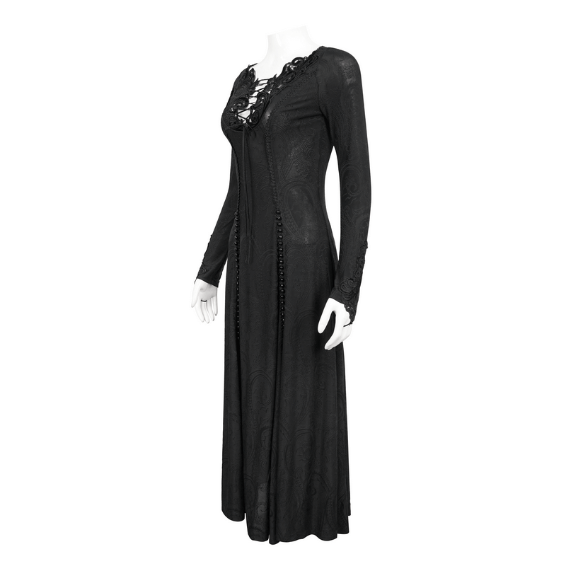 Gothic plunging black floral embroidered dress with long sleeves and elegant slit, perfect for a chic gothic style.