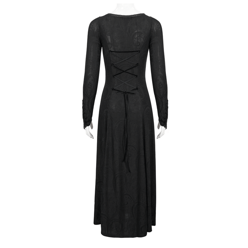 Back view of a women's gothic black floral dress featuring a lace-up design and long sleeves.