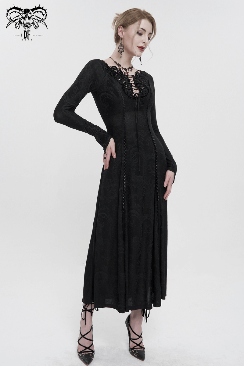 Gothic black floral embroidered dress with long sleeves and elegant slit, perfect for a stylish wardrobe addition.