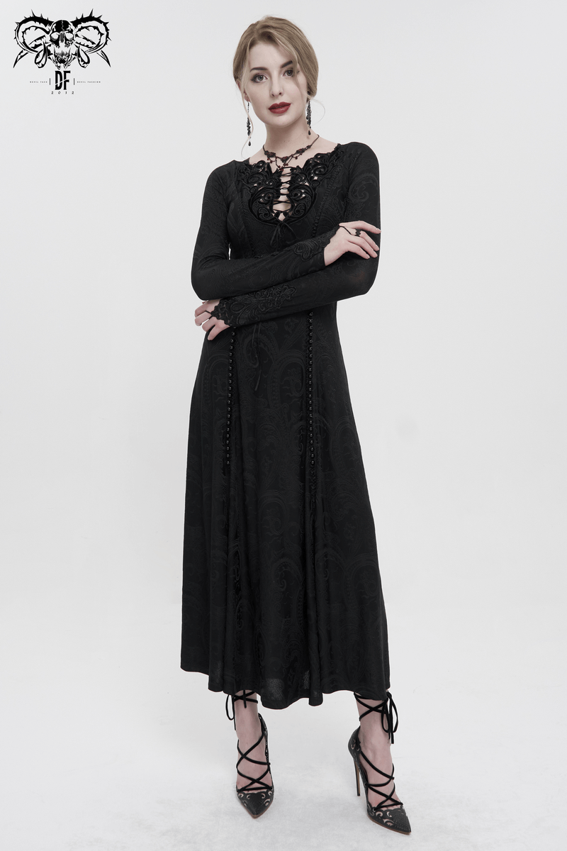 Gothic plunging floral embroidered dress on a model, featuring a long slit and elegant black design, perfect for fashion-forward wardrobes.