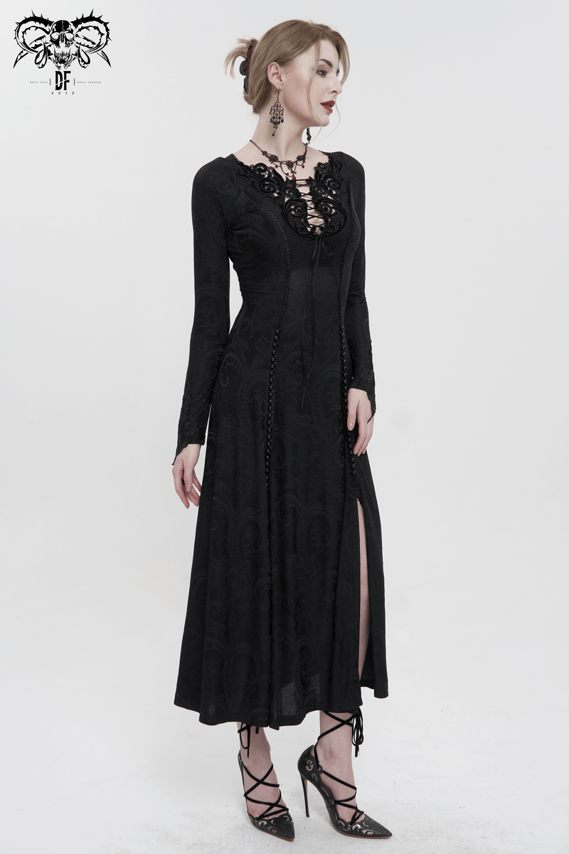 Gothic black floral embroidered long slit dress for women, perfect for chic gothic fashion looks.