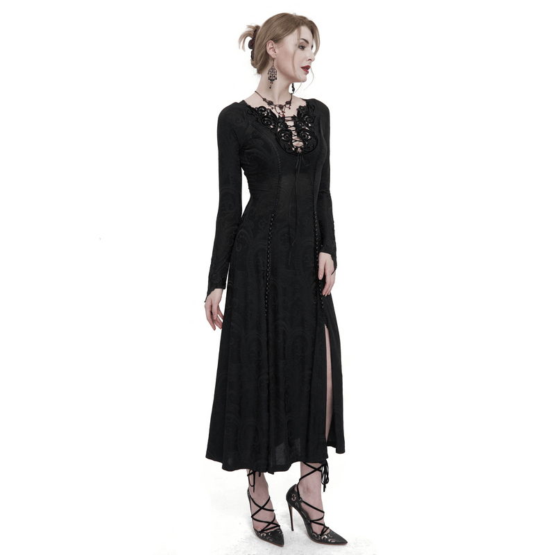 Gothic black floral long dress with a plunging neckline and slit, perfect for a stylish and edgy look.
