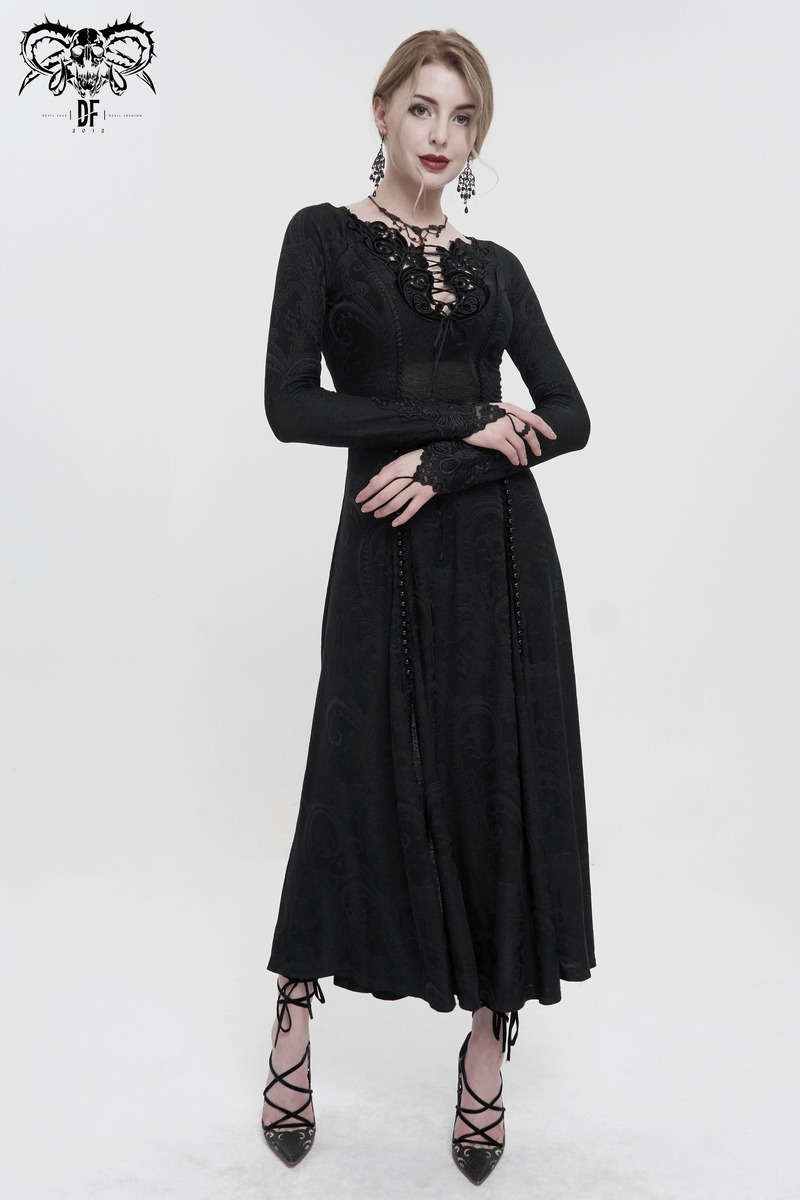Gothic floral embroidered black dress with long sleeves and a stylish slit, perfect for fashionable women's wardrobes.