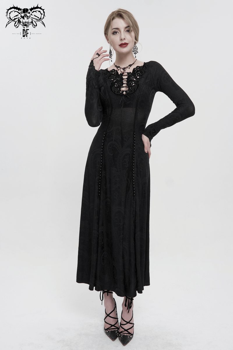 Gothic black long-sleeve dress with floral embroidery and slit cut, perfect for stylish women.