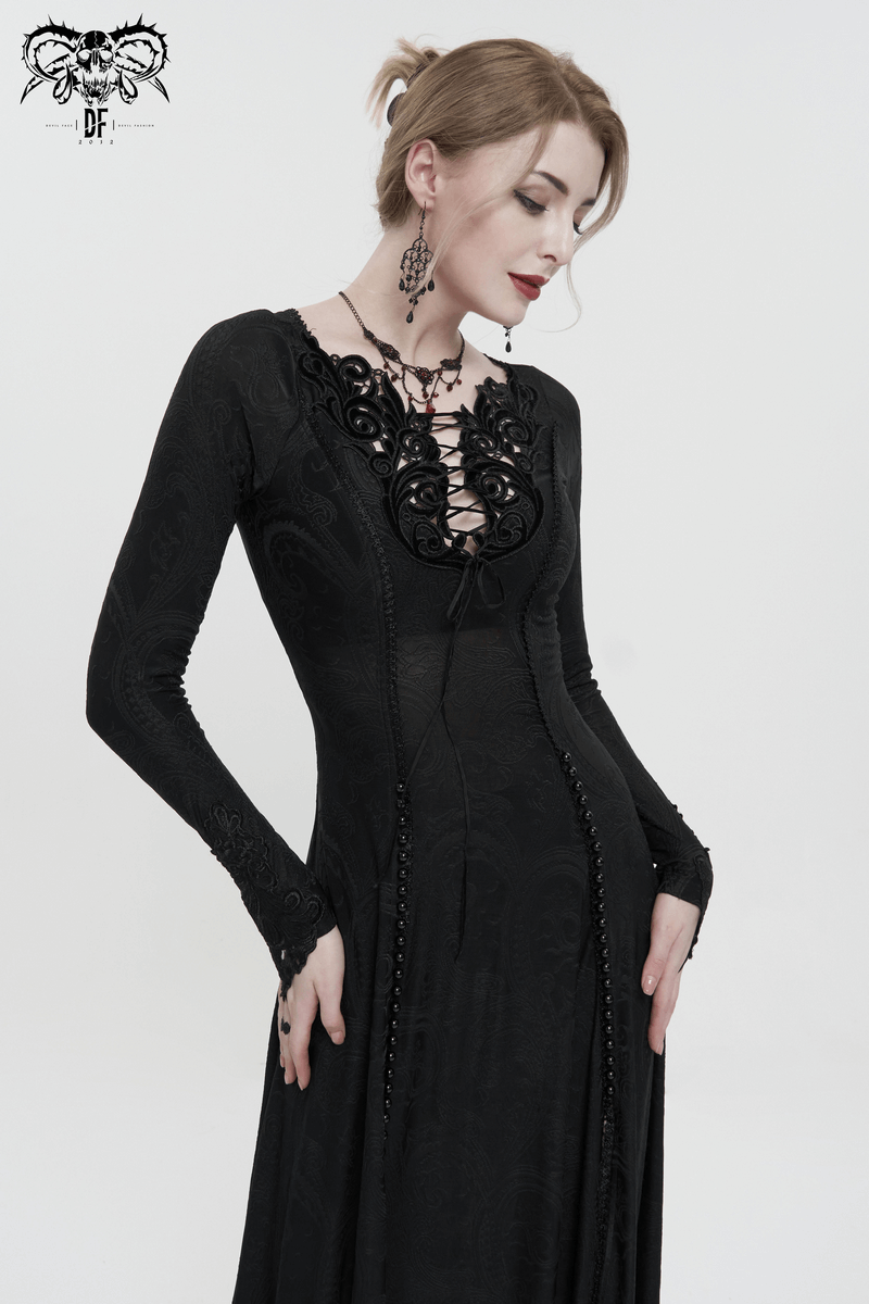 Gothic floral embroidered black dress featuring long sleeves and a stylish slit, perfect for fashion-forward women.